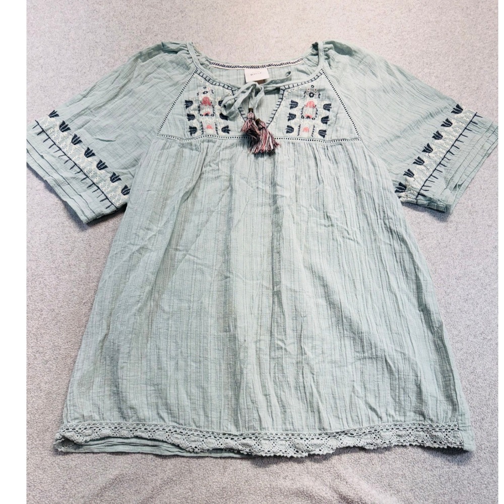 Knox Rose Peasant Blouse Womens Medium Sage Green Embroidered Boho Tassel Top